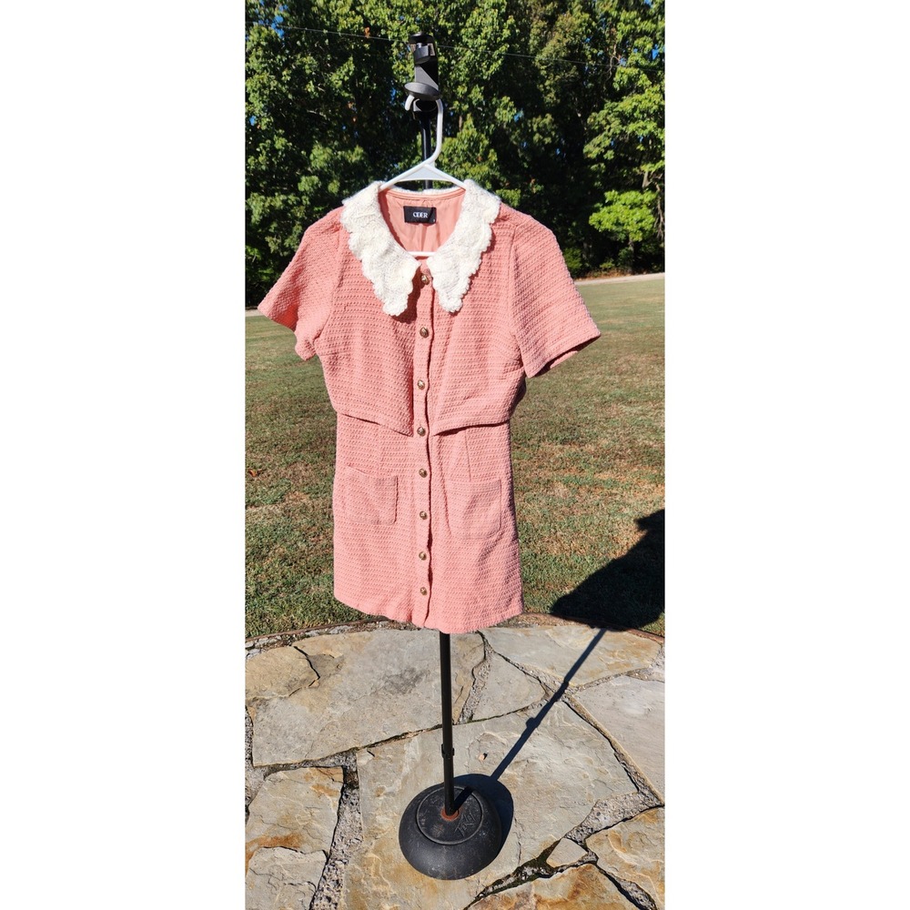 Cider Pink Tweed Mini Dress Lace Peter Pan Collar Gold Short Sleeve S Coquette